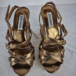 Steve Madden (Leona) Bronze Snakeskin Print 4 Inch Strappy Wedges Size 7